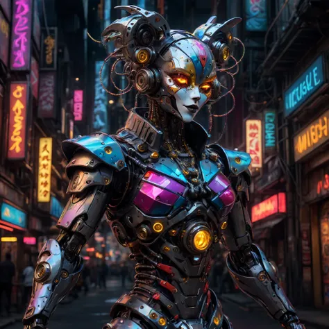 High Resolution, High Quality, Masterpiece. Cyberpunk Harlequin puppet rendered in vivid detail, full growth, laser beams as puppet threads, gold and silver wiring intricately entwined, acrylic texture, gears meshing within the design, surreal neon-lit cyb...