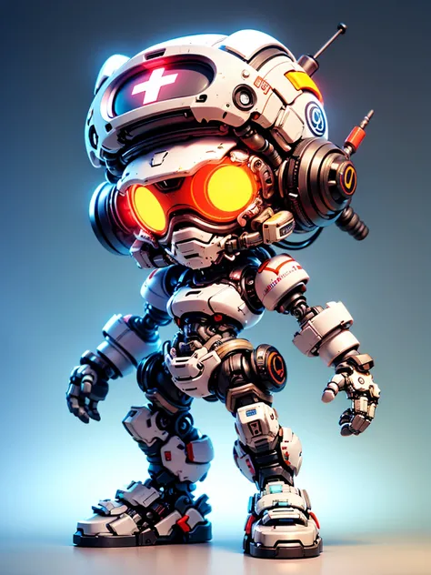 Pixar style, (Blind box toy style:1.2), (full-body shot) , 1 transparent cute mechanical nurse doll, Transparent mecha, Exquisite nurse hat:1.2, Luminous goggles:1.2, Colorful neon lights, High-tech mechanical parts, Metal body, Detailed mechanical metal d...