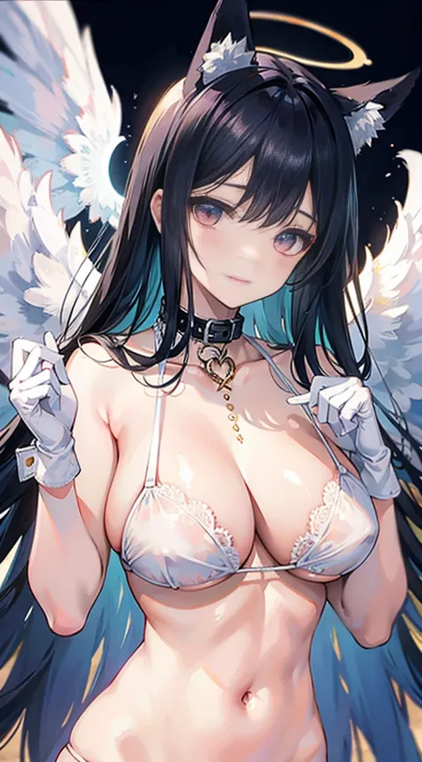 high quality, masterpiece, Super detailed, 1 girl,  Extremely detailed faces, White lace latex bikini，white gloves，angel halo，angel wings，BDSM,handcuffs，collar，calm expression,Smile，handcuffs，collar，long black hair, charming pink eyes, fox ears, Ridiculous...