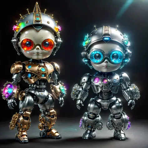 Pixar style, (Blind box toy style:1.2), (full-body shot) , 1 transparent and cute mechanical scarecrow doll, Transparent mecha, Exquisite helmet:1.2, Luminous goggles:1.2, Colorful neon lights, High-tech mechanical parts, Metal body, Detailed mechanical me...