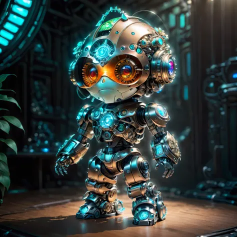 Pixar style, (Blind box toy style:1.2), (full-body shot) , 1 transparent and cute mechanical scarecrow doll, Transparent mecha, Exquisite helmet:1.2, Luminous goggles:1.2, Colorful neon lights, High-tech mechanical parts, Metal body, Detailed mechanical me...