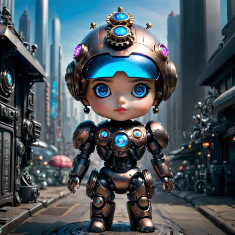 Pixar style，(Blind box toy style:1.2)，(full-body shot)，Imagine a world where mechanical dolls and robotic toys not only exist but are filled with undeniable charm。A small yet complex mechanical doll，Its gears and joints are cleverly hidden beneath a coat o...