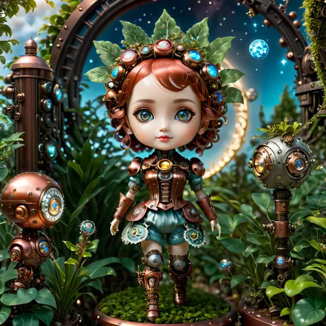 Pixar style, (Blind box toy style:1.2), (full-body shot) , A cute mechanical doll dressed in retro-style clothes stands in a fantasy garden full of steampunk elements. Its body is made of exquisite copper and silver parts, and its eyes are like two glowing...