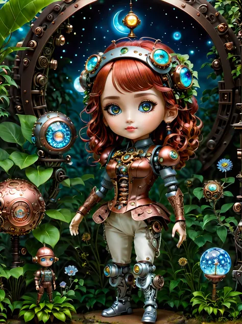 Pixar style, (Blind box toy style:1.2), (full-body shot) , A cute mechanical doll dressed in retro-style clothes stands in a fantasy garden full of steampunk elements. Its body is made of exquisite copper and silver parts, and its eyes are like two glowing...