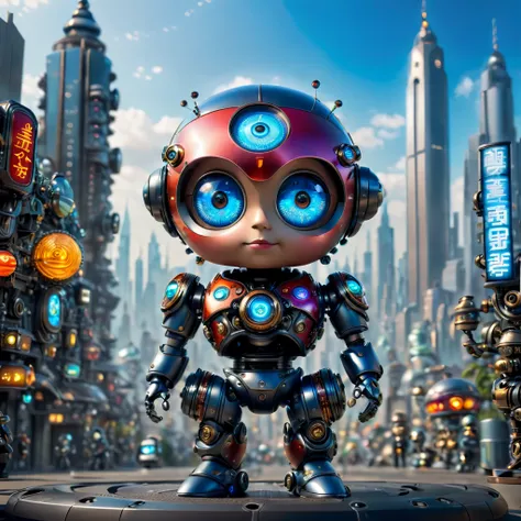 Pixar style，(Blind box toy style:1.2)，(full-body shot)，Imagine a world where mechanical puppets not only exist but are filled with undeniable charm。A small and complex mechanical puppe gears and joints are cleverly hidden beneath a coat of smooth metallic ...