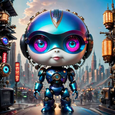 Pixar style，(Blind box toy style:1.2)，(full-body shot)，Imagine a world where mechanical puppets not only exist but are filled with undeniable charm。A small and complex mechanical puppe gears and joints are cleverly hidden beneath a coat of smooth metallic ...