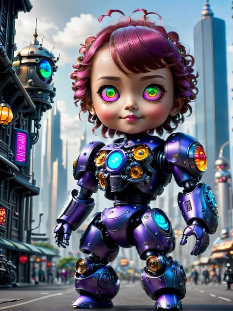 Pixar style，(Blind box toy style:1.2)，(full-body shot)，Imagine a world where mechanical puppets not only exist but are filled with undeniable charm。A small and complex mechanical puppe gears and joints are cleverly hidden beneath a coat of smooth metallic ...