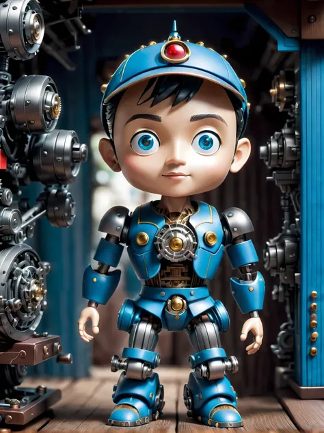 Pixar style，(Blind box toy style:1.2)，(full-body shot)，three-dimensional，Mechanical feel，cute，boy，mechanical puppet, Pinocchio，Chibi，locomotive，3d style