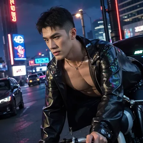 masterpiece, best quality, 1 male, adult, handsome, tall muscular guy, broad shoulders, finely detailed eyes and detailed face, extremely detailed CG unity 8k wallpaper, intricate details, Cyberpunk, motorcycle, holographic, tight latex bottom ,bare chest ...