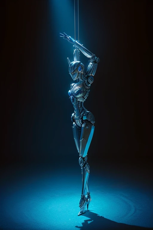 Image: **[Mechanical Puppet]** Descriptive keywords: *A metallic creature with intricate details and moving parts, resembling a marionette.* Photographic style: *Industrial and futuristic, with cold blue lighting highlighting the metallic textures.* Tone: ...