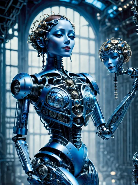 Image: **[Mechanical Puppet]** Descriptive keywords: *A metallic creature with intricate details and moving parts, resembling a marionette.* Photographic style: *Industrial and futuristic, with cold blue lighting highlighting the metallic textures.* Tone: ...