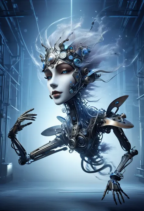 Image: **[Mechanical Puppet]** Descriptive keywords: *A metallic creature with intricate details and moving parts, resembling a marionette.* Photographic style: *Industrial and futuristic, with cold blue lighting highlighting the metallic textures.* Tone: ...