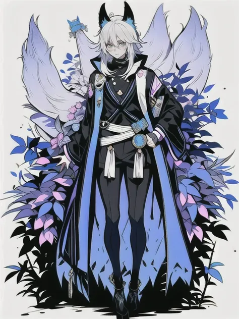 solo, 1boy,「white hair,cerulean blue」long hair,  {{nighthawk mask}},  there&#39;s a man wearing a costume, {fox tail,} {one wing...