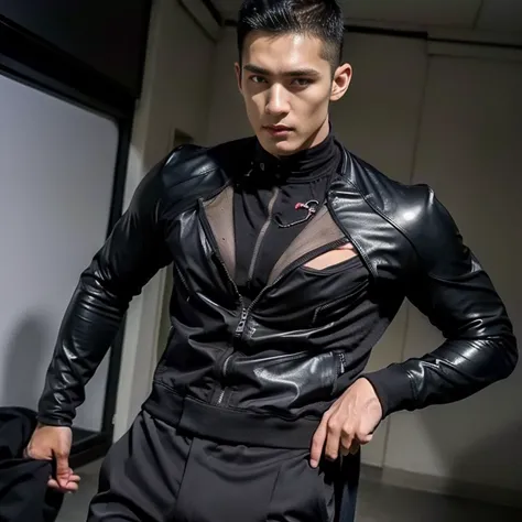 man, masculine man, black hair, muscular man, futuristic clothes, tight suit, black suit, military suit, charming, bare chest, puffy nipples, abs,
