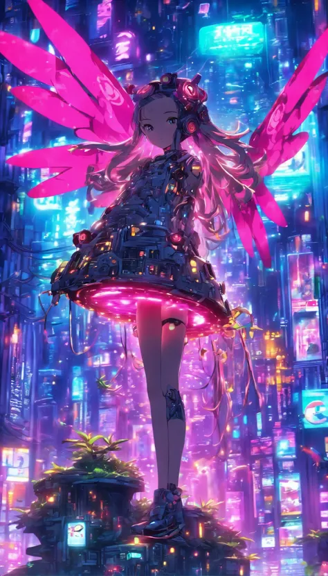 absurd, High resolution, (anime style:1.1), ((table top)), ((highest quality)), (Super detailed), (beautiful), Mechanical pink glowing cherry tree、mechanical cherry tree、group of pink glowing butterflies、super fine,(A cute girl is standing on top of a supe...