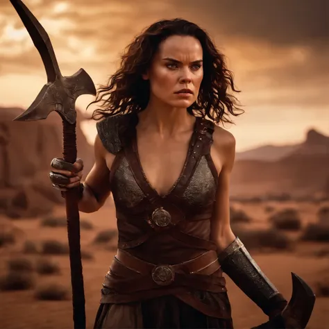 Hyper-realistic cinematic image of Daisy Ridley as a warrior woman, with a villainous look, in the magical world of Conan. She stands imposingly in the desert night, surrounded by deep shadows and rain, near a bonfire that casts flickering light. Her long,...