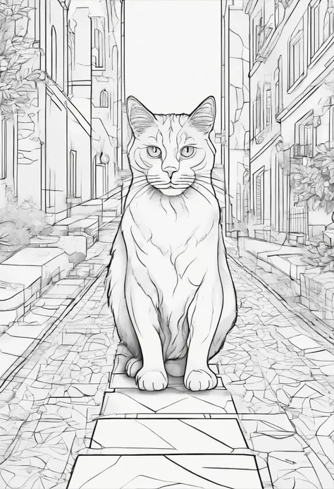 A cat walking on path way, line art, cartoon character, 3d style, high quality, coloring book, hand draw, line art 