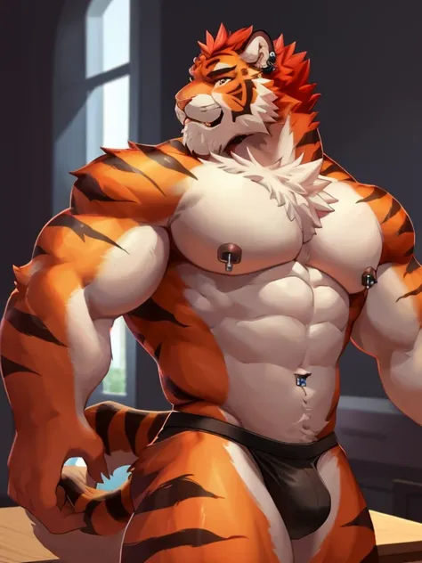 tiger, 1 boy, solo, furry, light-white fur, red fur, anthro (tiger), male, middle-aged, red body, white belly, black beards, tail, muscular, high quality, super detail, 1080P, high quality, best quality, 8k, super detail, 16k, highres, HD, 16k, highres, HD...