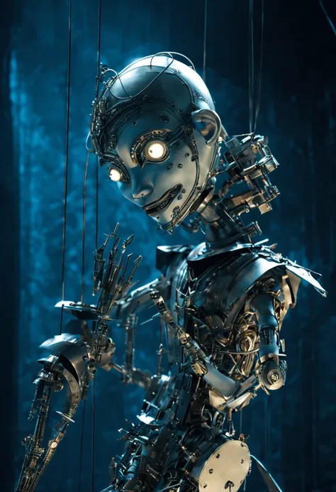 Image: **[Mechanical Puppet]** Descriptive keywords: *A metallic creature with intricate details and moving parts, resembling a marionette.* Photographic style: *Industrial and futuristic, with cold blue lighting highlighting the metallic textures.* Tone: ...