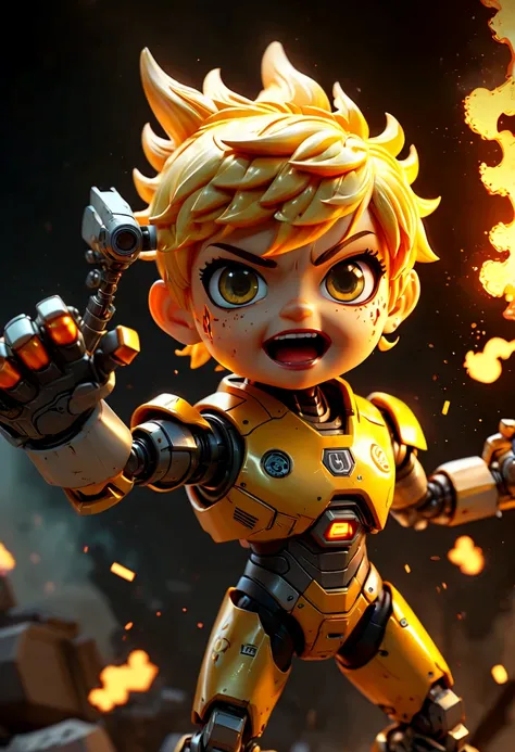 cute Mechanical Puppet, toy, chibi, sci-fi, yellow hybrid orange, fighting stance, hand up, angry, glowing, shine, dazzling, war, explosion in background, flame in background, outstretched arm, outstretched hand, (best quality, masterpiece, Representative ...