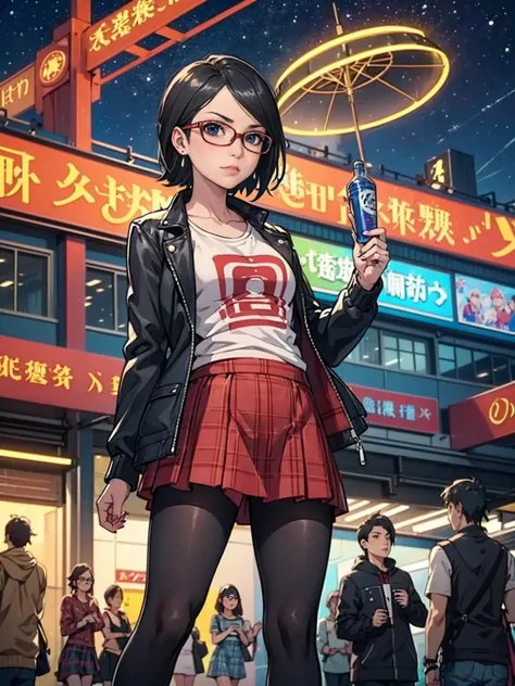 (1girl, solo, alone), (WakatsukiRisa, Sarada Uchiha, short hair, black eyes, red glasses), she is wearing earrings and strings. She is dressed like a punk rocker. ( She is wearing a white t-shirt with a rock band print, a plaid skirt and a leather jacket w...