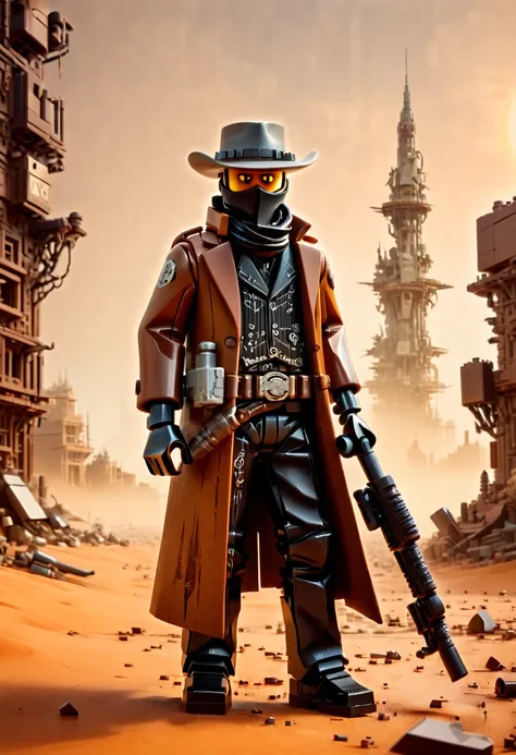 lego art, Roland from "The Gunslinger" of Stephen King, gunslinger amidst a deserted world with a distant glass tower, wearing long dirty coat, sandstorm, tiny dust-covered sun, futuristic western, mad-max-atmosphere, (best quality, masterpiece, Representa...