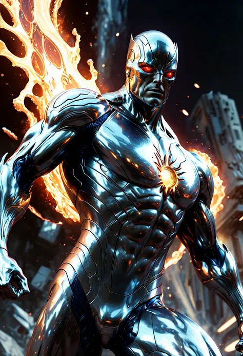 Silver Surfer, sci-fi, fighting stance, angry, glowing, shine, dazzling, war, explosion in background, flame in background, (best quality, masterpiece, Representative work, official art, Professional, Ultra intricate detailed, 8k:1.3)