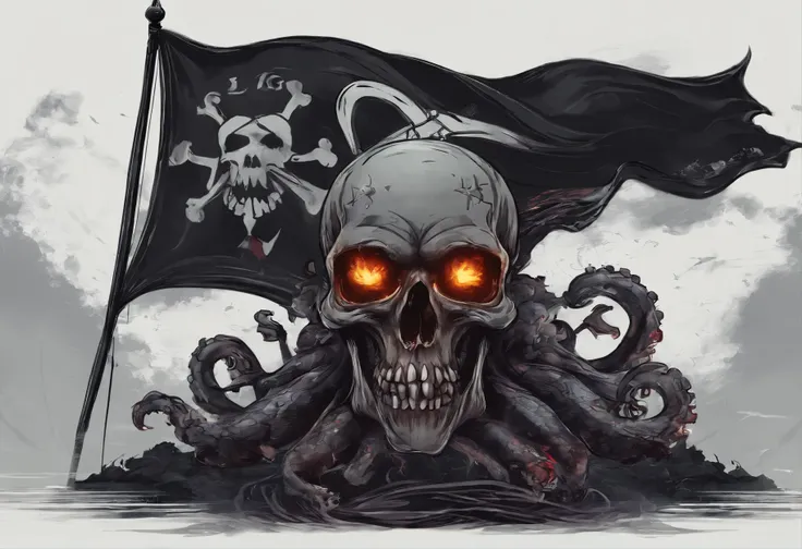 skull and crossbones flag，There is an octopus monster next to it，Cthulhu，dark style，HD，hyper-realistic，4K resolution，Rich details