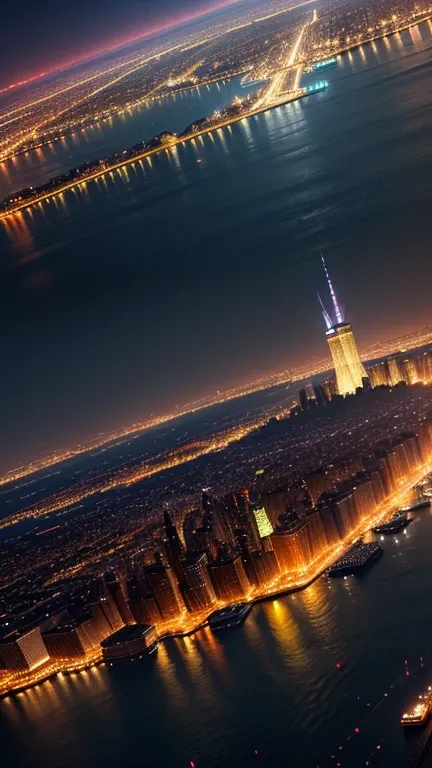 An aerial view of New York City at night, avec tous les gratte-ciel illuminés.