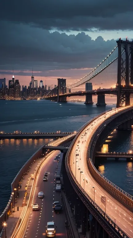 Le pont de Brooklyn à New York, with the Manhattan skyline in the background.