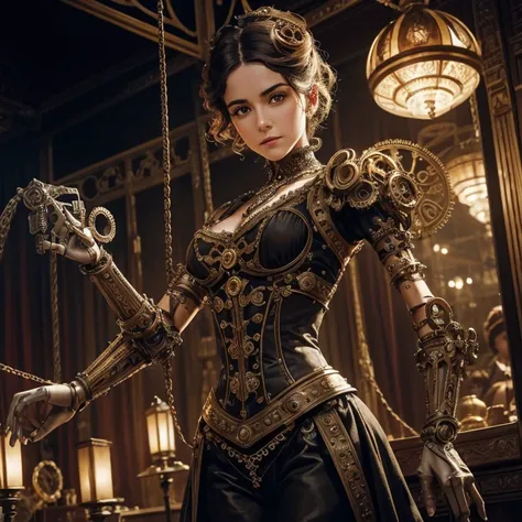 a mechanical puppet with intricate gears and springs, detailed joints and limbs, polished metal body, realistic human-like movements, vintage and aged appearance, controlled by a skilled puppeteer, intricate design and craftsmanship, steampunk style, dimly...