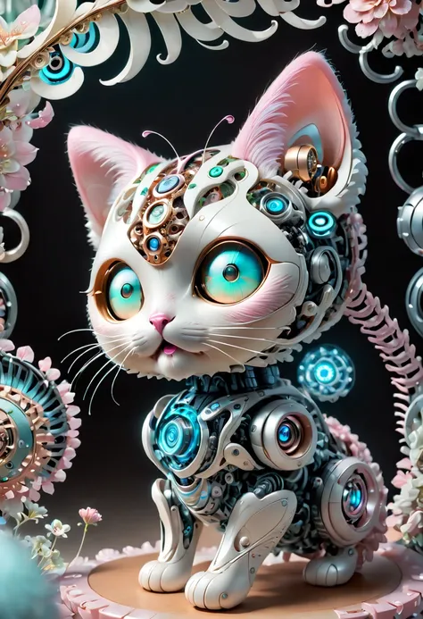 (Three-dimensional, Biomechanical feel, adorable, 1 small robotic cat doll, Mechanical creature: 1.3), ((solo)), Soft, pastel-colored lights, Organic mechanical parts, Polymer and metal body, Detailed bioluminescent pattern design, calming colors, Dynamic ...