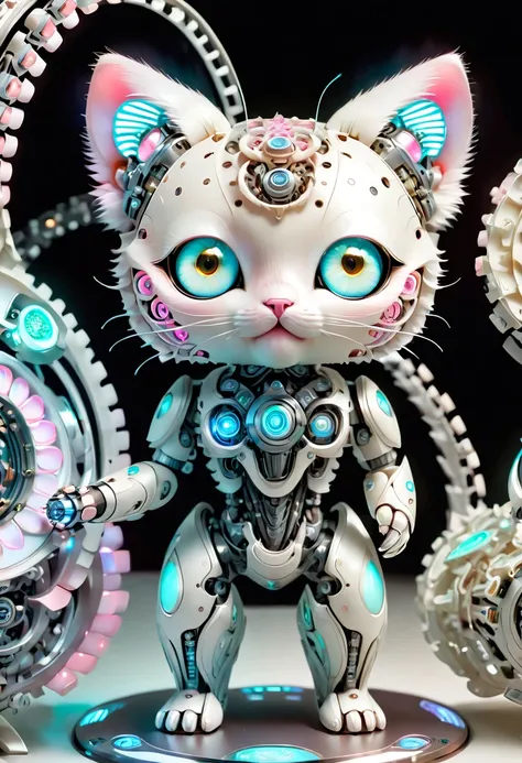 (Three-dimensional, Biomechanical feel, adorable, 1 small robotic cat doll, Mechanical creature: 1.3), ((solo)), Soft, pastel-colored lights, Organic mechanical parts, Polymer and metal body, Detailed bioluminescent pattern design, calming colors, Dynamic ...