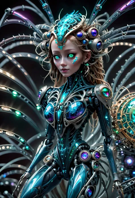 (Three-dimensional, Alien technology feel, captivating, 1 small mechanical spider doll, Mechanical creature: 1.3), ((solo)), Eerie, bioluminescent lights, Advanced extraterrestrial parts, Metal and crystal body, Detailed fractal design, otherworldly colors...