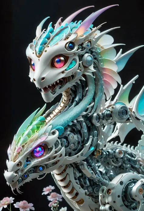 (Three-dimensional, Biomechanical feel, adorable, 1 small robotic  dragon Mechanical Puppet, Mechanical creature: 1.3), ((solo)), Soft, pastel-colored lights, Organic mechanical parts, Polymer and metal body, Detailed bioluminescent pattern design, calming...