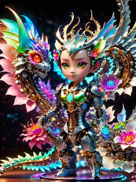 (three-dimensional，Mechanical feel，cute，1 small dragon doll，Mechanical doll: 1.3), ((solo)), Colorful neon lights, High-tech mechanical parts, Metal body, Detailed vibranium flower design, bright colors, Dynamic glowing flowers, Reflective metal surface, b...