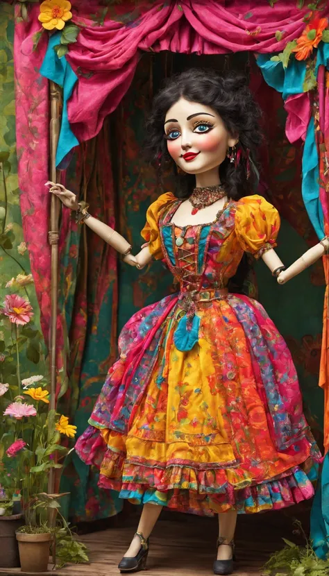 Mechanical Puppet : full figure 3 colorful Gypsie, background puppets stages show with garden wallpaper