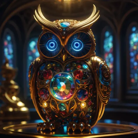 Ethereal demonic robot entwined with a glass-like owl, both decorated with intricate gemstone encrustments in the hyperrealistic, vibrant style of Alex Ross and Gustav Klimt, capturing a breathtaking, once-in-a-lifetime instant, dramatic illumination, V-Ra...