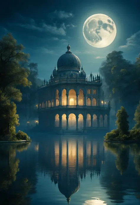 Palace by the lake, full moon and heat haze combine, mystical atmosphere, ornate palace, reflective water, ultrahigh definition, 3D depth, inspired by Leonardo da Vinci, Rembrandt, J.M.W. Turner