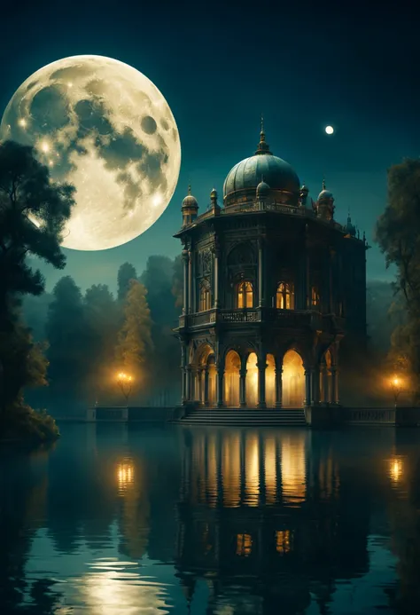 Palace by the lake, full moon and heat haze combine, mystical atmosphere, ornate palace, reflective water, ultrahigh definition, 3D depth, inspired by Leonardo da Vinci, Rembrandt, J.M.W. Turner