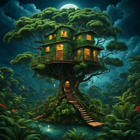 Treehouse in jungle, moonlight and thunderstorm merge, enchanting scene, whimsical treehouse, lush canopy, ultrahigh definition, 3D depth, inspired by Henri Rousseau, Frida Kahlo, Henri Matisse