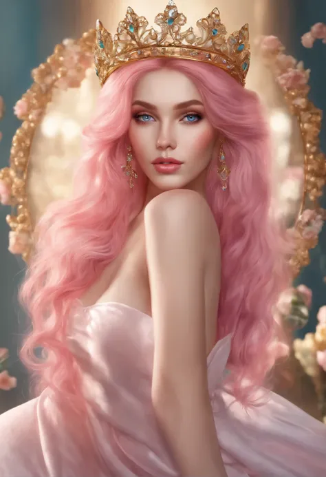 (highres, realistic, vivid colors),pink hair, long, detailed strands, flowing, ethereal, soft waves, shiny, vibrant, pastel pink, luscious, beautiful girl, bright blue eyes, perfect eyes, perfect hands, perfect legs, mesmerizing, gracefully flowing locks. ...