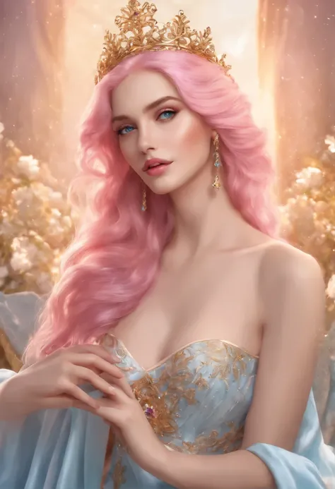 (highres, realistic, vivid colors),pink hair, long, detailed strands, flowing, ethereal, soft waves, shiny, vibrant, pastel pink, luscious, beautiful girl, bright blue eyes, perfect eyes, perfect hands, perfect legs, mesmerizing, gracefully flowing locks. ...