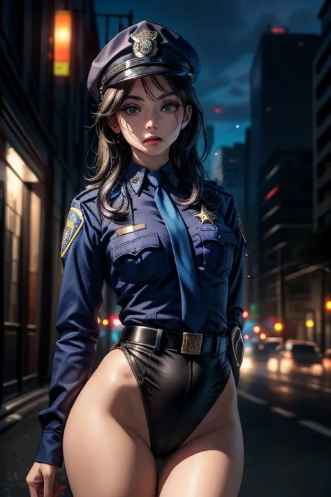 (((perfect anatomy, super detailed skin))), Mujer policia, piel brillante, pechos grandes:0.5, mirando hacia otro lado, buscando, hermoso rostro, hermosos ojos detallados, (pelo largo:1.5, dos colas:1.7), pelo rubio, with beautiful detailed eyes, ((dark bl...