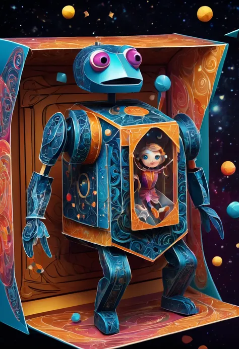 (best quality, highres, ultra sharp), magical Mechanical puppet in The Box Toy Surprise Boxes with Spring , about the curvature of space time, jumping from the box, art deco, zentangle, full colored,3d crunch, cinematic