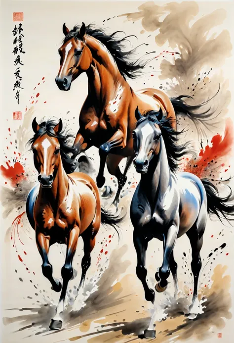 ink splash, paint splatter, Running horses, by Qi Baishi, intricate, (best quality, masterpiece, Representative work, official art, Professional, 8k)