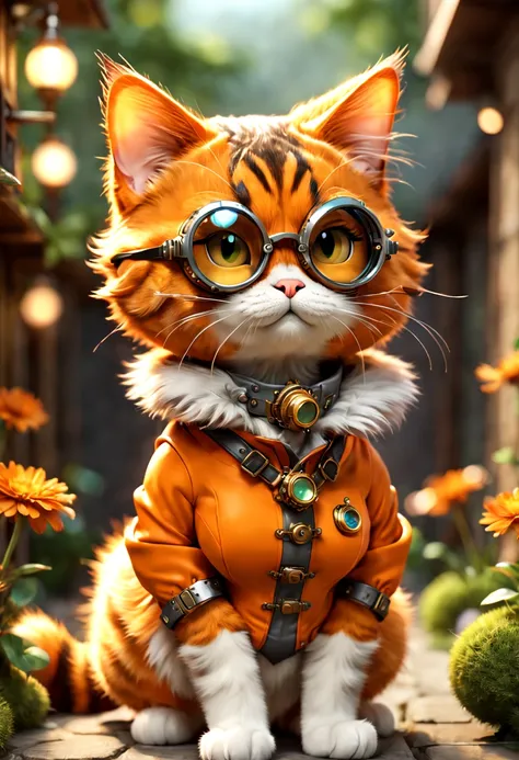 (Garfield：1.8)，Orange fur，streaked，sbeard，pockmark，pointy ears，petty eyes，fatness，Cute Garfield cat wearing goggles, In steampunk style, cg render, Small animals, 4K, simple, Aesthetic (3D, Cute big breasts, chibiStyle), ((Perfect high-detail images)), Ult...