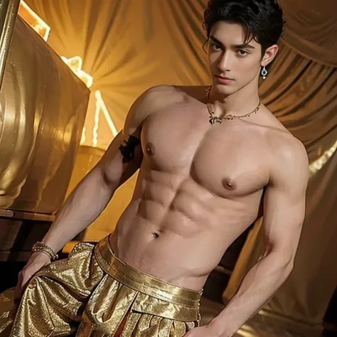 a man in a billowing gold chiffon male belly dance outfit is posing for a picture, handsome prince of persia, attractive male deity, brown skin man egyptian prince, beautiful androgynous prince, ashoka tano, delicate androgynous prince, hindu aesthetic, dj...