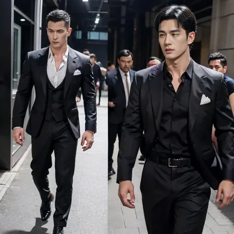 one man, muscular man, black hair, short hair , futuristic clothes, tight suit, black suit
