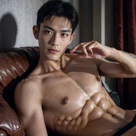 1boy, male focus, young adult, korean, black hair, undercut, grey eyes, tattoos, smirk, high detail, abs, shirtless, night time, masterpiece, high quality, 8k, manhwa style
